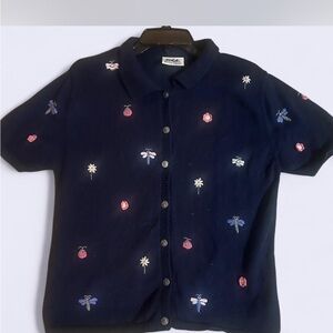 Northern Reflections Navy Blue V-Neck Sweater with Embroidered Insects